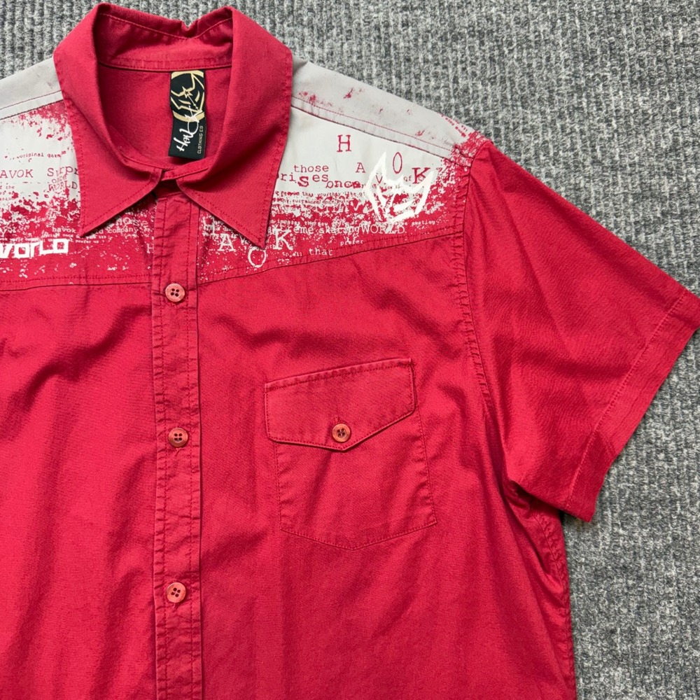 Vintage Havok World Y2K Shirt Mens L Red Graphic Yoke Skater Button Up S/S